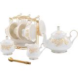 Rosdorf Park 22-pieces Porcelain Tea Set, Cups & Saucer Service For 6, w/ Spoons, teapot, sugar Bowl, creamer Pitcher & Golden Metal Rack | Wayfair