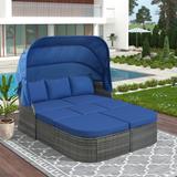 Outdoor Patio Furniture Wicker Sectional Sofa Set with Retractable Canopy, Daybed Sunbed with Liftable Table