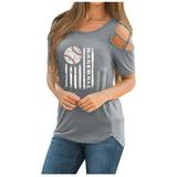fartey Cold Shoulder Tops for Women Baseball Print Side Slit Hem Crewneck Tshirt Tunic Criss Cross Cut out Short Sleeve Tees