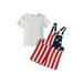 Sunisery 2Pcs Kids Toddler Girls 4th of July Outfits Short Sleeve Ribbed Tops + Stars Stripes Suspender Shorts Independence Day Set