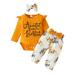 Qtinghua Newborn Baby Girls Casual Spring Clothes Letter Romper Tops Floral Bow Floral Pants Headband 3Pcs Set Orange 0-3 Months