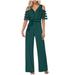 JWZUY Women s Sexy Mesh Cold Shoulder Jumpsuits Short Sleeve Elegant Party Rompers with Belt High Waisted Wide Leg Pants Army Green XXL