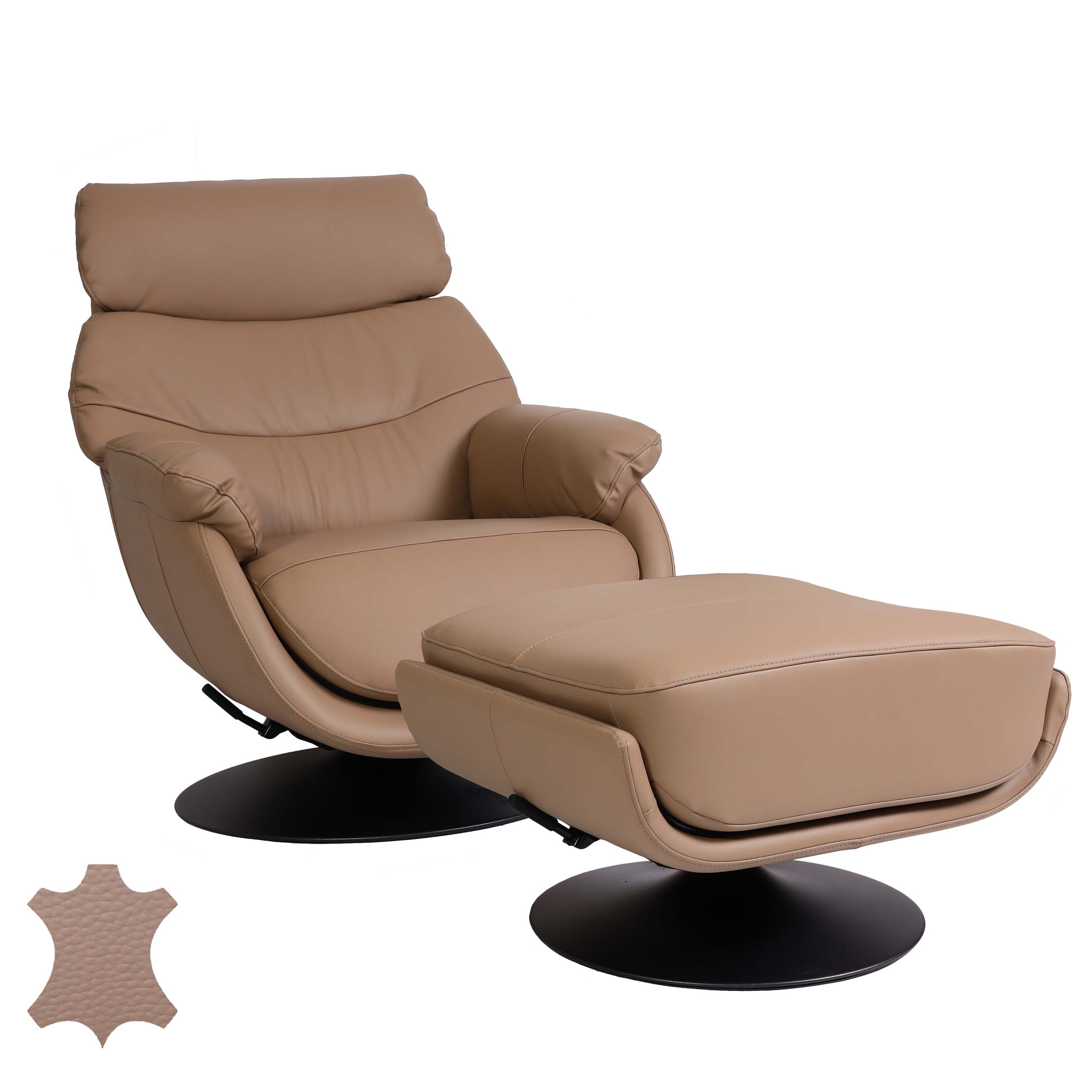 Relaxsessel mit Hocker HWC-K99, Fernsehsessel Sessel, Wippfunktion drehbar, Metall Echtleder/Kunstleder ~ taupe Image