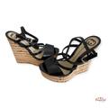 Gucci Shoes | Authentic Gucci Black Patent Leather Eilin Cork Wedge T-Strap Pumps Sandal 6 | Color: Black/Cream | Size: 6