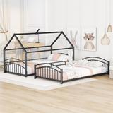 Twin Over Twin Bunk Beds with Convertible Slide for Teens & Kids, Metal Low Bed Frame with Built-in Ladder, Detachable 2 Beds