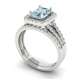 1.57ct Emerald Cut Blue Simulated Diamond Gem Real 14k White Gold Customizable Laser Engraving Halo Everlasting Unique Art Deco Statement Wedding Anniversary Engagement Bridal Ring Band Set Size 10.75