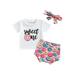 Thaisu 3Pcs Baby Girls Outfit Summer Letter Round Collar Short Sleeve Tops + Donut Print Shorts + Bow Headwear