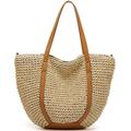 Summer Casual Straw Tote Bag Large Capacity Woven Shoulder Handbag for Summer Beach Vocation, B-beige, L