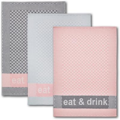 Geschirrtuch DYCKHOFF "Eat & Drink, Maße je Tuch ca. 50x70 cm", grau (grau, rosa), B:50cm L:70cm, 100% Baumwolle, Geschirrtücher, mit drei verschiedenen Motiven Image