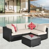 5 Piece Outdoor Garden Patio Furniture Sofa Set, with Comfortable Cushion, Tempered Glass Countertop Central Dining Table