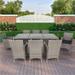 9 piece Grey Wicker Outdoor Dining Set with Black Cushions and Glass Top