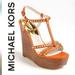 Michael Kors Shoes | Michael Kors Alexi Studded Crissvross T-Strap Leather Platform Wedge Sandal Nwt | Color: Gold/Tan | Size: 8.5