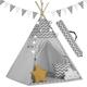 Nukido Zelt für Kinder aus Baumwolle - Indoor & Outdoor Spielzeug - Fenster Zwei Kissen - Isoliermatte - LED Lampe - Wigwam Indianerzelt Pappelholz 120 x 120 x 165 cm Grau