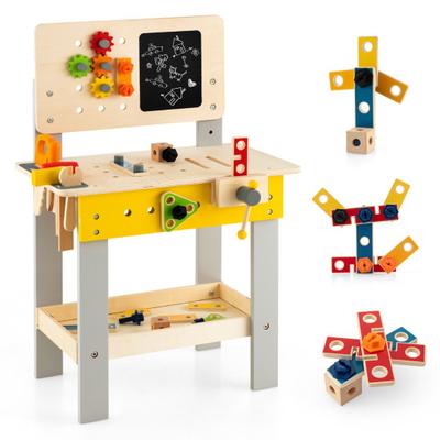 Costway Wooden Pretend Play Workbench Set with Blackboard for Toddlers Ages 3+