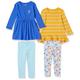 Amazon Essentials Mädchen Langärmliges Outfit-Set, 4er-Pack, Blau/Gelb Streifen/Himmelblau/Weiß Floral, 2 Jahre