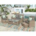 Outdoor Patio Furniture Set 4 Piece Outdoor Dining Sectional Sofa with Dining Table and Chair All Weather Wicker Conversation Set with Ottoman and Cushions for Backyard Garden Porch Gray