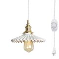 FSLiving Swag Pendant Light with 20ft White Plug-in Dimmable Twisted Cord Retro Ceramic Marble Shade Light Fixtures Nordic Hanging Ceiling Light for Kitchen Bar Island Bulb Not Included - 1 Light