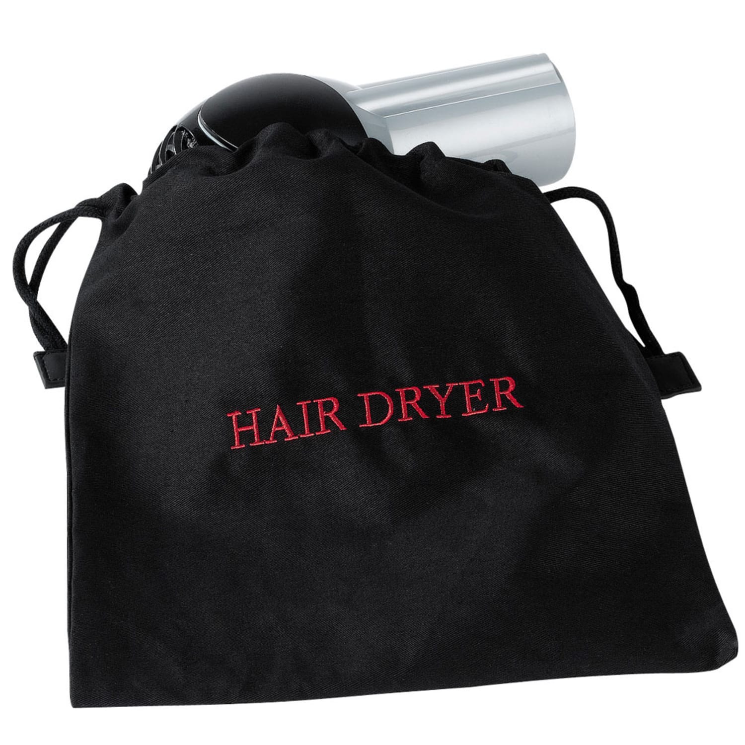 Hospitality 1 Source HDBAG Hair Dryer Bag w/ Drawstring Closure - 12" x 12", Poly/Cotton, Black w/ Red Embroidery, Case of 10