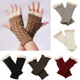Women Fingerless Lace Gloves Soft Knitted Warm Long Mitten Wrist Warmer Winter Gift Coffee