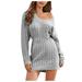 iOPQO Long Sleeve Dress Womens Dresses Sweaters for Women Women s Long Sleeve Knit Sweater Dress V Neck Mini Sweater Dresses Women s Casual Dress Grey L