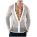 iOPQO mens dress shirts Men s Club Party Full Solid Color Transparent Mesh Cardigan Long Sleeve Top dress shirts for men White + M