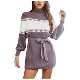 iopqo sweaters for women ladies fashion half high neck lantern sleeve color block knitted sweater dress women s sweater coat purple m