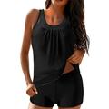 iOPQO Swimsuit Women Two Piece Tankini Swimsuits For Women Solid Patchwork Mesh Tank Top With Boyshorts Tummy Control Bathing Suits Swimwears Tankinis Set Black M