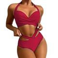 iOPQO swimsuit women Women Tow Piece Vintage Printing Swimsuit Two Piece Retro Halter Ruched Wrap Front High Waist Crop Tops+Shorts Two Piece Swimwear Halter Tankini Swimwears Tankinis Set Red XL