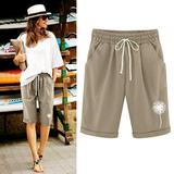 AXXD Clearance Shorts For Women Summer Print Large Size Cotton Linen Golf Shorts Khaki 4