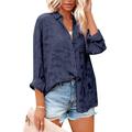 Womens Button Down V Neck Denim Shirts Long Sleeve Blouse Roll Up Cuffed Sleeve Casual Work Plain Tops with Pockets