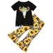 Toddler Kids Girls Short Sleeves Cow Head Sunflowers Top Outfits Set Bell Bottom Pants Flared Girls Outfits Set Size 12 Months-6 Years