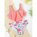 Toddler Girls Random Floral Print Flounce Cut Out Waist One Piece Swimsuit Swimwear S221904X Multicolor 6Y(46IN)