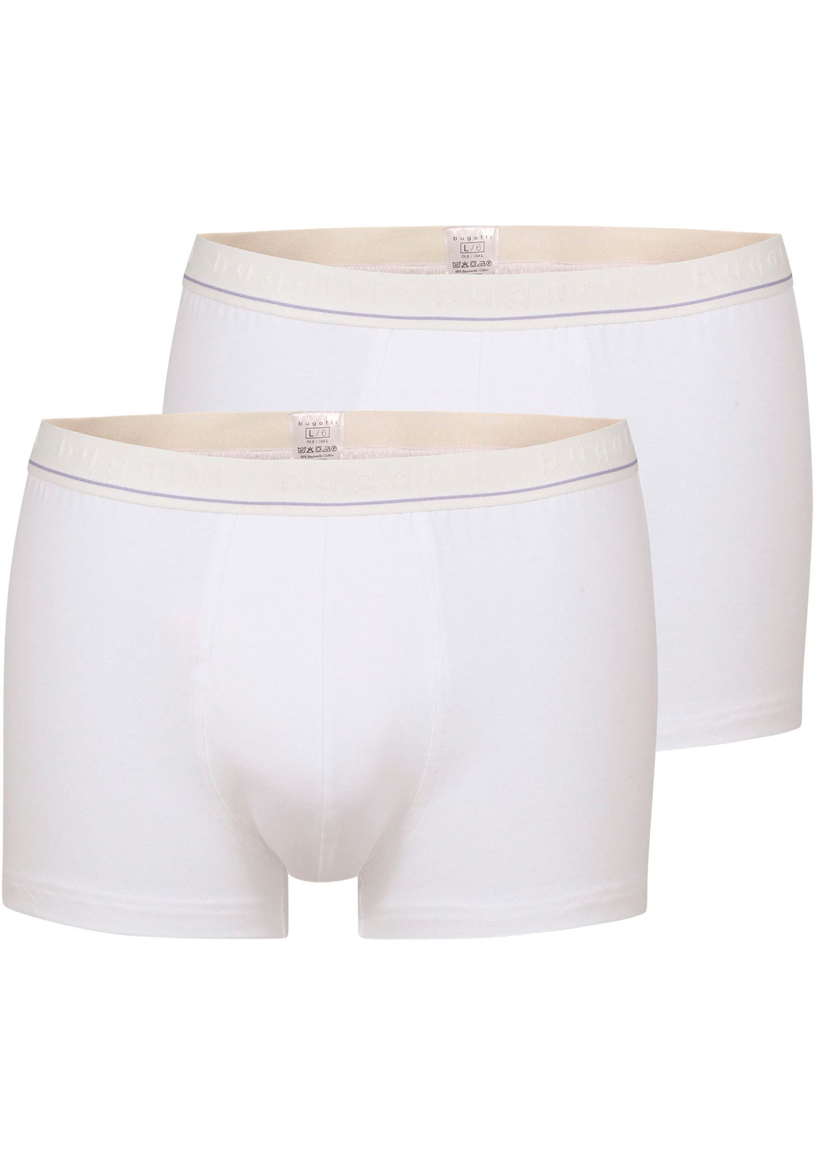 Boxer BUGATTI "Rom", Herren, Gr. 5M, weiß (weiß, hell, uni), Single Jersey, Obermaterial: 95% Baumwolle, 5% Elasthan, unifarben, körpernah, Unterhosen, weich, basic, eng, atmungsaktiv, breiter Bund, Baumwollmix Image