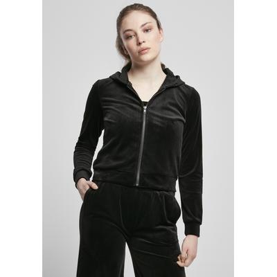 Sweatjacke URBAN CLASSICS "Urban Classics Damen Ladies Short Velvet Zip Hoody", Damen, Gr. XL, schwarz, 93% Polyester, 7% Elasthan, unifarben, Langarm, Sweatjacken Image