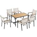 Syngar 7 Piece Patio Dining Table Set All Weather Dining Table and Chairs Set for Outside Dining Table Set with Acacia Wood Tabletop for 6 Outdoor Furniture Set for Yard Poolside Garden