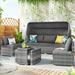 5 Pieces Rattan Patio Furniture Set PE Wicker Convertible Daybed or Sunbed Adjustable Sun Canopy Sectional Outdoor Sofa 2 Armless Chairs 3-seat Sofa Tempered Glass Side Table Stool Gray