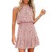 B91xZ Girls Dresses Womens Halter Neck Summer Boho Floral Print Casual Sleeveless Backless Vintage Ruffle Belt Short Dresses Pink S