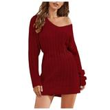 iOPQO Long Sleeve Dress Womens Dresses Sweaters for Women Women s Long Sleeve Knit Sweater Dress V Neck Mini Sweater Dresses Women s Casual Dress Wine S