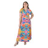 Plus Size Multicolor Print V Neck Cap Sleeve Flowy Empire Waist Maxi Dress