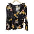 American Eagle Outfitters Tops | American Eagle Outfitter Black Floral V-Neck Ruffle Blouse Long Sleeve, Size M | Color: Black/Red | Size: M