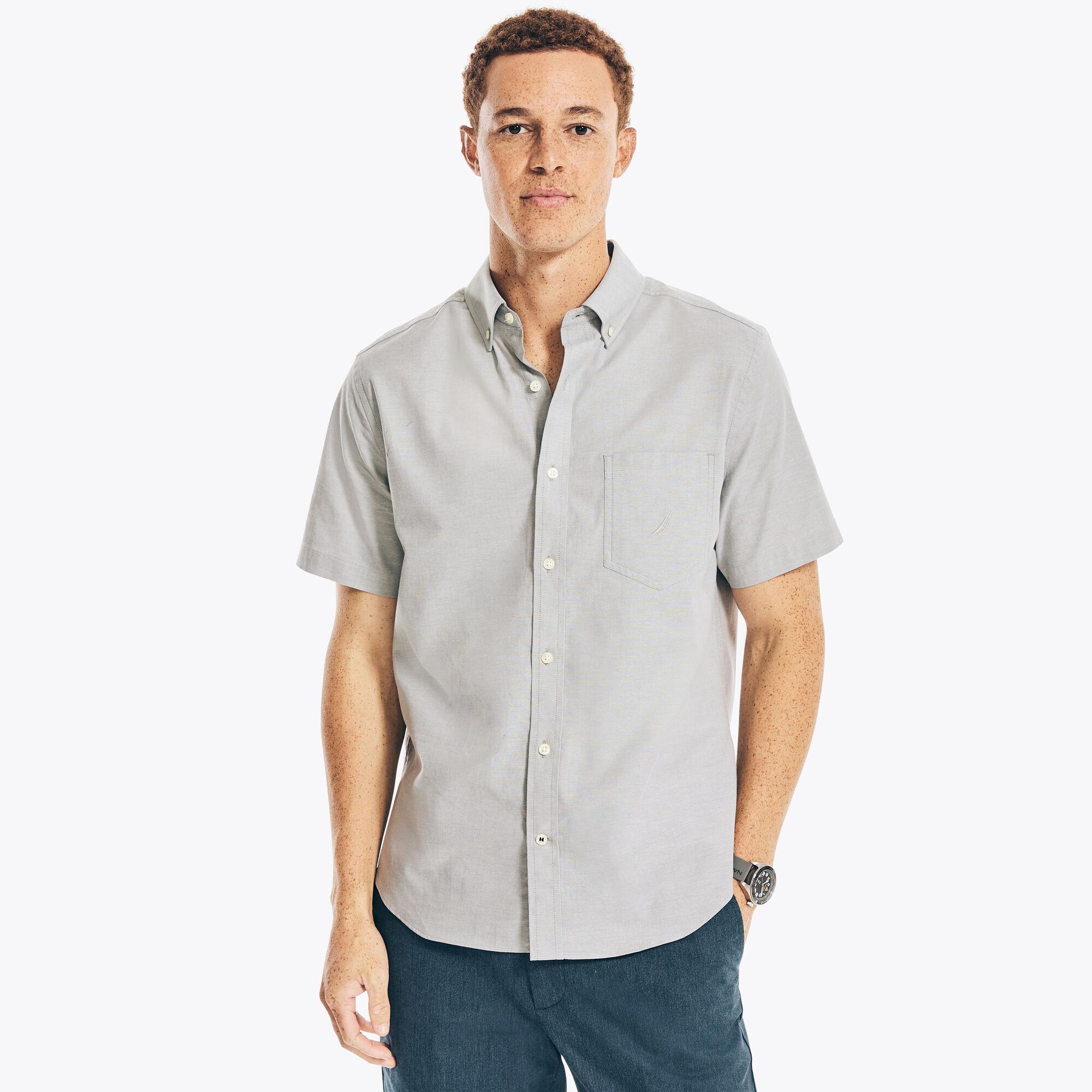Nautica Men's Short-Sleeve Oxford Shirt 338 (Jade Forest Heather), XS