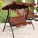 COSTWAY Garden Patio Metal Swing Chair, 3 Seater Hammock Bench Swinging Cushioned Seat, Heavy Duty Metal Frame Outdoor Canopy Swing Chairs (Coffee)