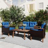 4-Piece Garden Furniture, Patio Conversation Sets, PE Rattan Outdoor Sofa Seating Set with Wood Table and Adjustable Legs Design