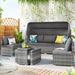 5 Pieces Sectional Sofa Set Rattan Daybed with Canopy and Tempered Glass Side Table