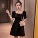 PIKADINGNIS Summer Puff Sleeve Mini Dresses Women Korean All-match Simple Party Dress Woman Black White Square Collar Sundress