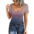 Wendunide 2024 Clearance Sales Womens T Shirts Women Short Sleeve Scoop Neck Ribbed Fitted Knit Shirt Basic Tight Tshirts Henley Gradient Summer Tops Womens T-Shirts Purple S