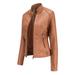 wendunide coats for women New Ladies Slim Leather Stand-Up Collar Zipper Stitching Solid Color Jacket Womens Fleece Jackets Brown XXL