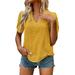 Wendunide 2024 Clearance Sales Womens Tops Women Fashion Solid Embroidery Hollow V Neck Short Sleeves Shirt Blouse Loose Tunic Top Women Shirts Yellow M