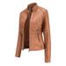 wendunide coats for women New Ladies Slim Leather Stand-Up Collar Zipper Stitching Solid Color Jacket Womens Fleece Jackets Brown XL