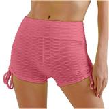 Biker Shorts Yoga Pants for Women Pure Color High Waist Side Drawstring Textured Ruched Stretchy Sports Beach Hot Pants (S Pink-O)